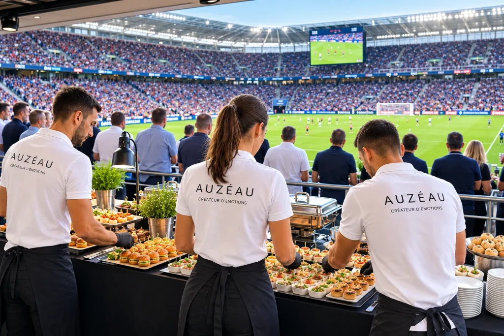 Préparation d’un buffet dans un espace d’hospitalité donnant sur un terrain de football.