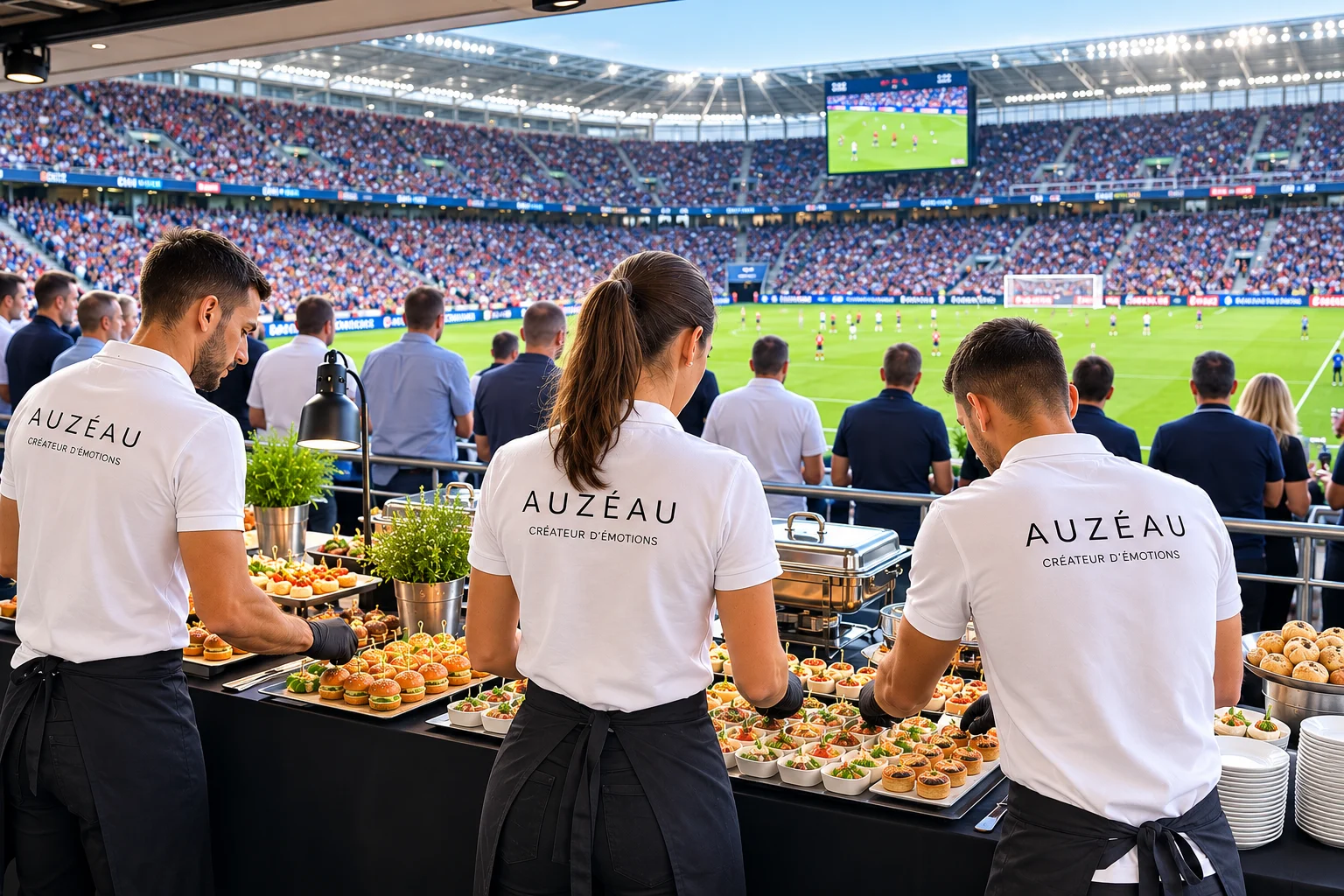 Équipe préparant un buffet dans un espace sportif