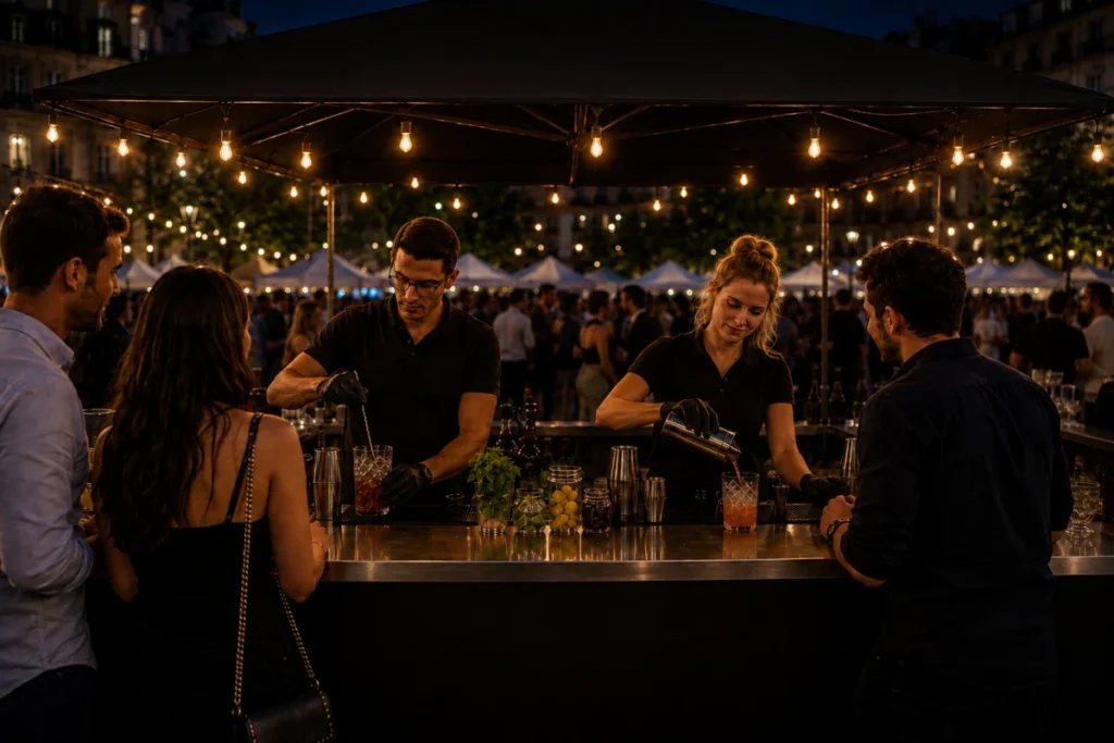 Deux barmans préparent des cocktails pour des invités sous des guirlandes en soirée.