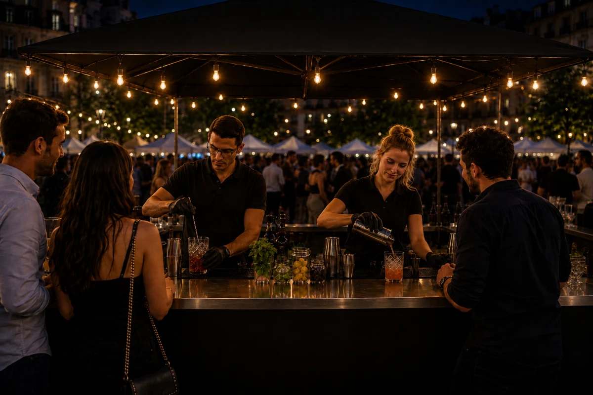 Deux bartenders préparent des cocktails face aux invités sous un bar éclairé en soirée.