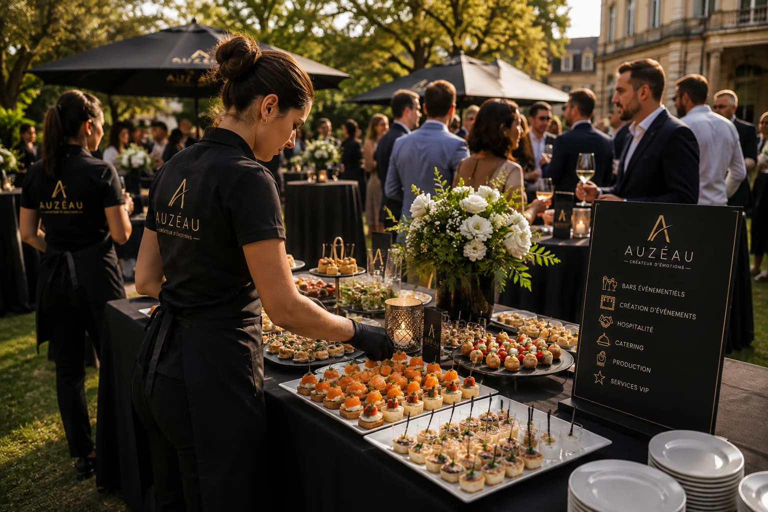 Équipe AUZÉAU préparant un buffet lors d’une réception en plein air