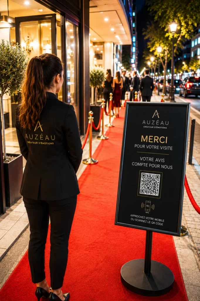 Accueil sur tapis rouge à côté d’un panneau de recueil d’avis par QR code.