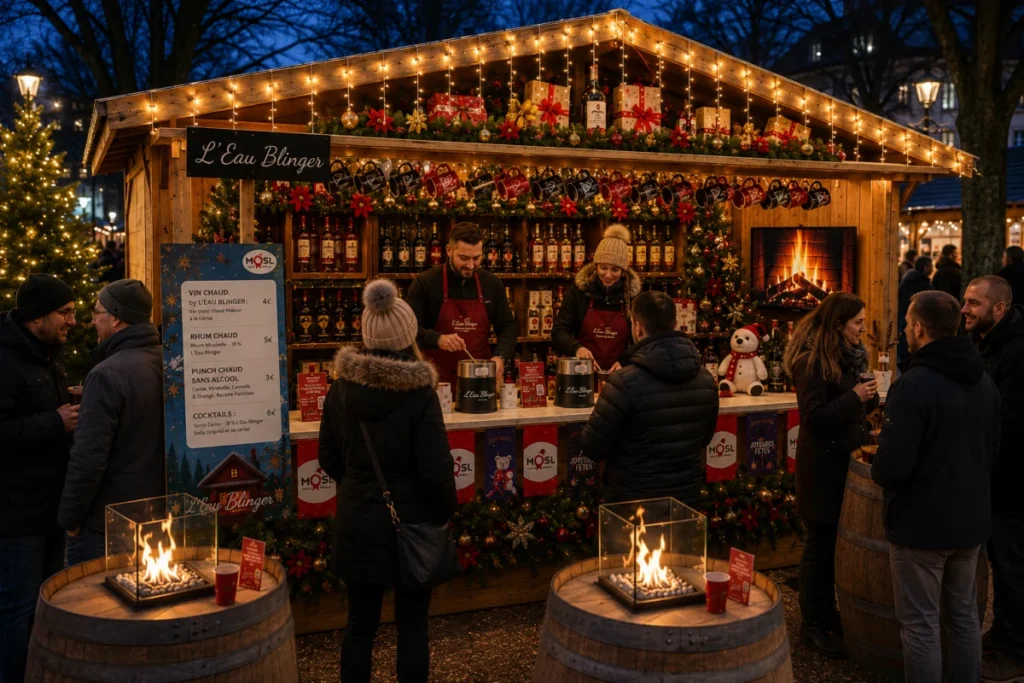Chalet de bar décoré pour un marché de Noël