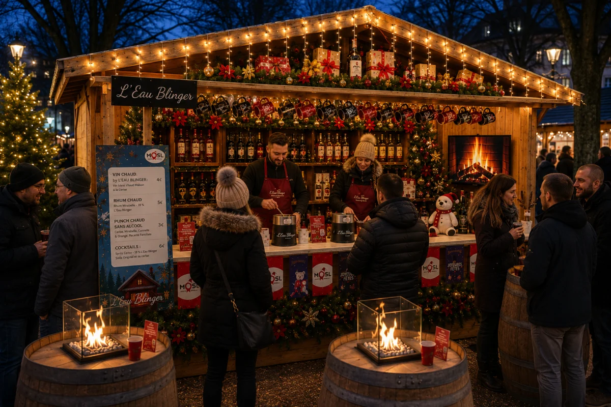 Chalet de boissons décoré et illuminé au cœur d’un marché de Noël.