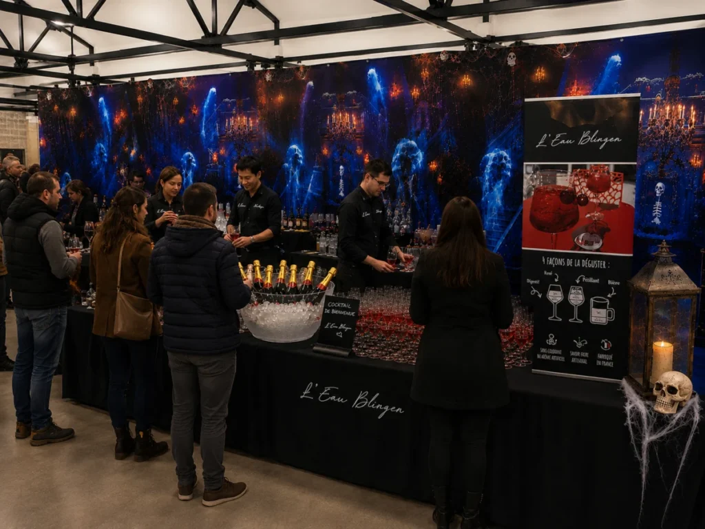 Invités réunis autour d’un bar événementiel en soirée