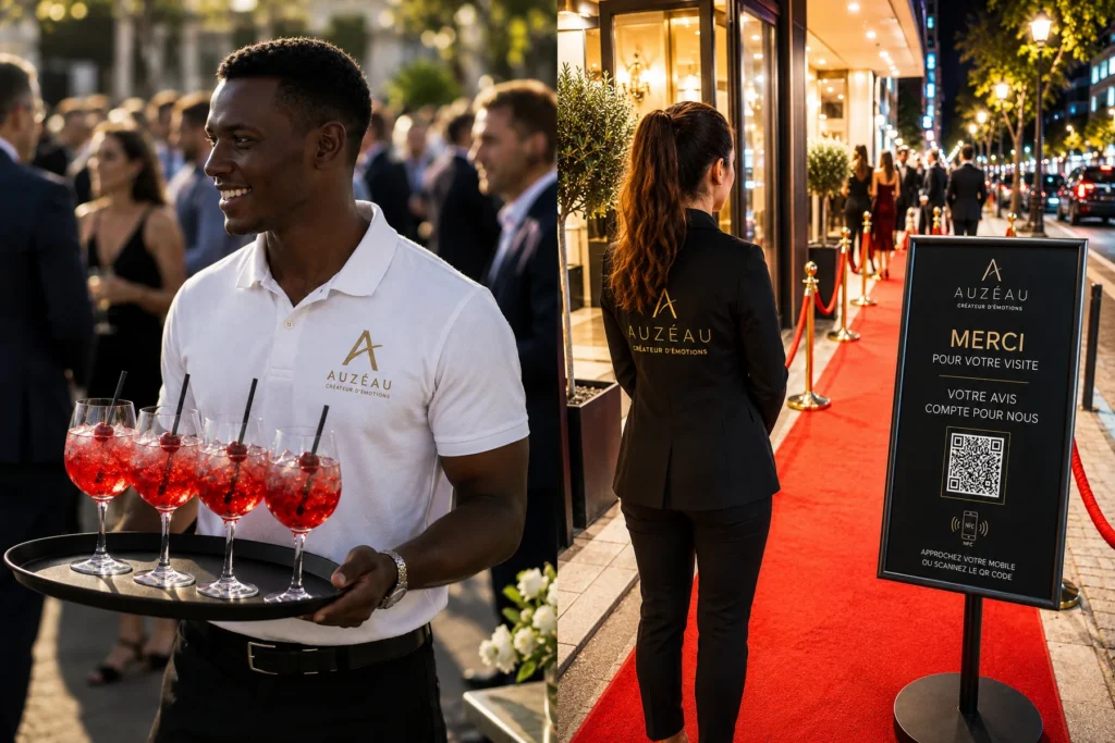 Service de cocktails sur plateau et accueil sur tapis rouge avec panneau QR code.