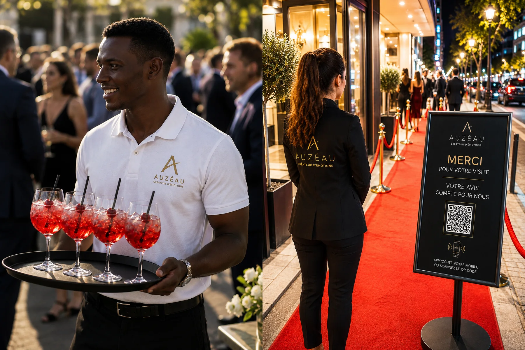 Serveur AUZÉAU portant des cocktails et hôtesse accueillant les invités sur un tapis rouge.