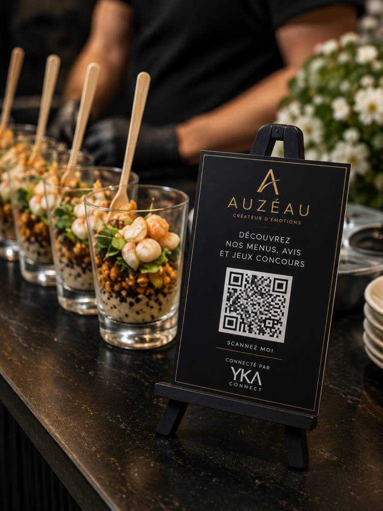 Présentoir avec QR code posé à côté de verrines sur un comptoir.