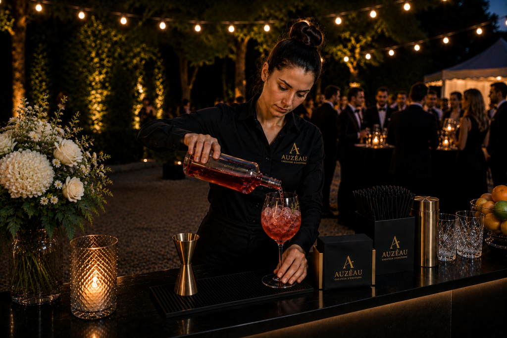 Une barmaid verse une boisson rouge dans un verre à cocktail sous des guirlandes.