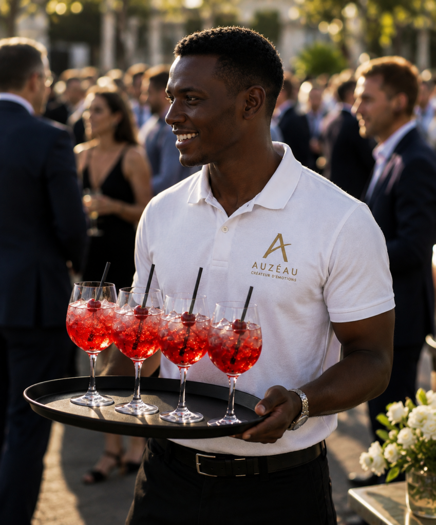 Service de cocktails rouges sur un plateau lors d’une réception en plein air.