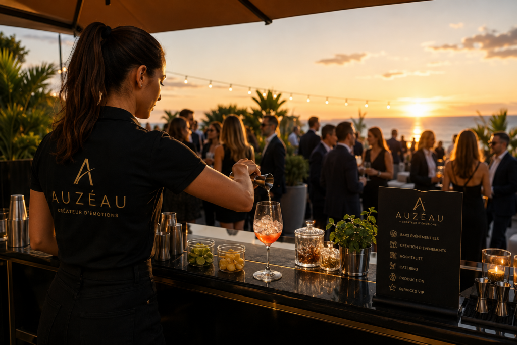 Préparation d’un cocktail en terrasse face à la mer au coucher du soleil.