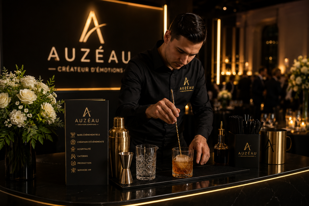 Un barman mélange un cocktail à la cuillère dans un bar noir et or.