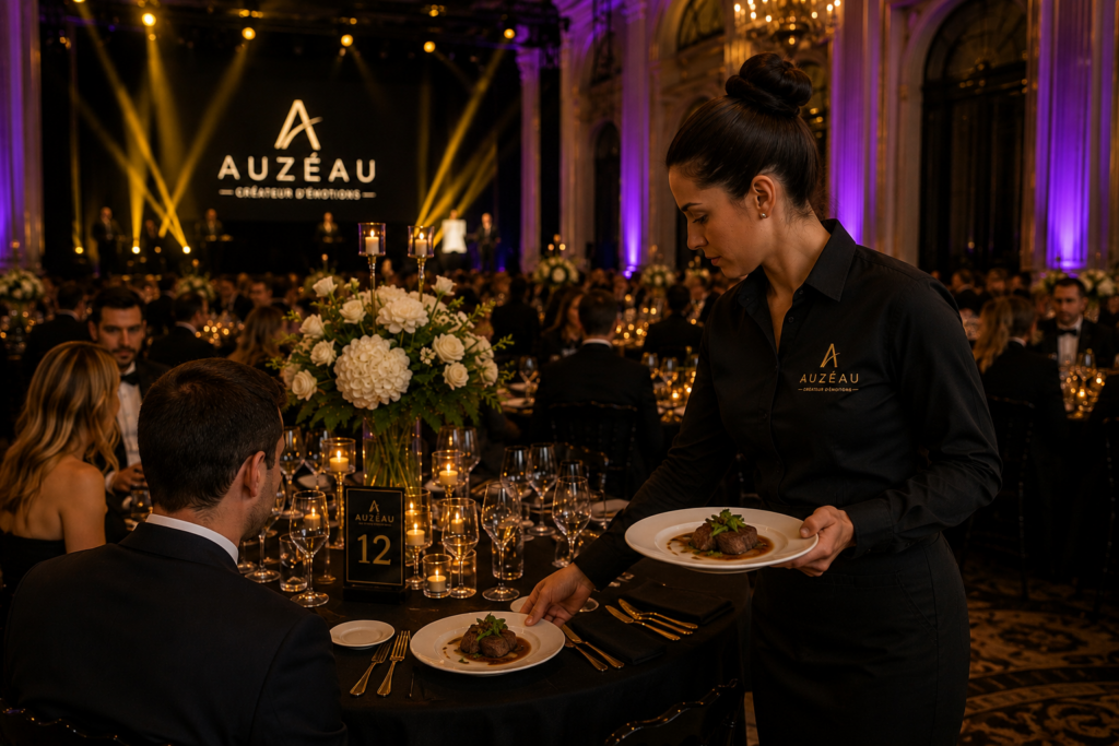 Service à table dans une salle de gala avec scène et éclairages dorés et violets.