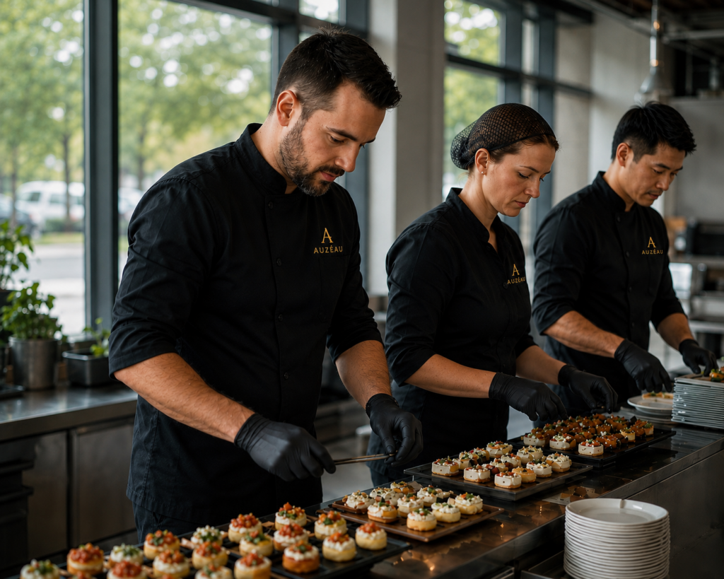 Trois personnes en tenue de cuisine dressent des bouchées sur des plateaux.