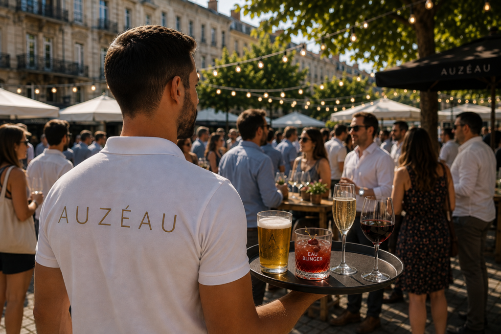 Plateau de bière, cocktail, champagne et vin servi lors d’une réception extérieure.