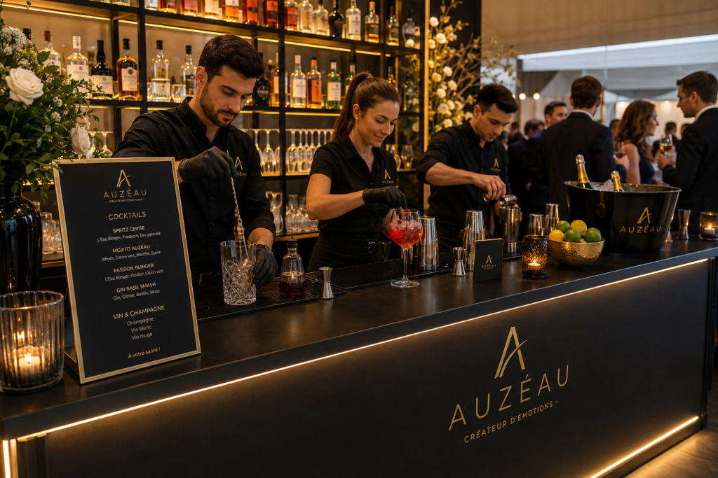 Trois barmans préparent des cocktails derrière un comptoir éclairé.