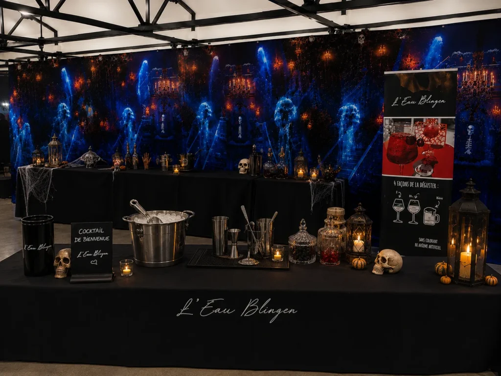 Bar décoré de crânes, lanternes et toiles d’araignée pour Halloween.