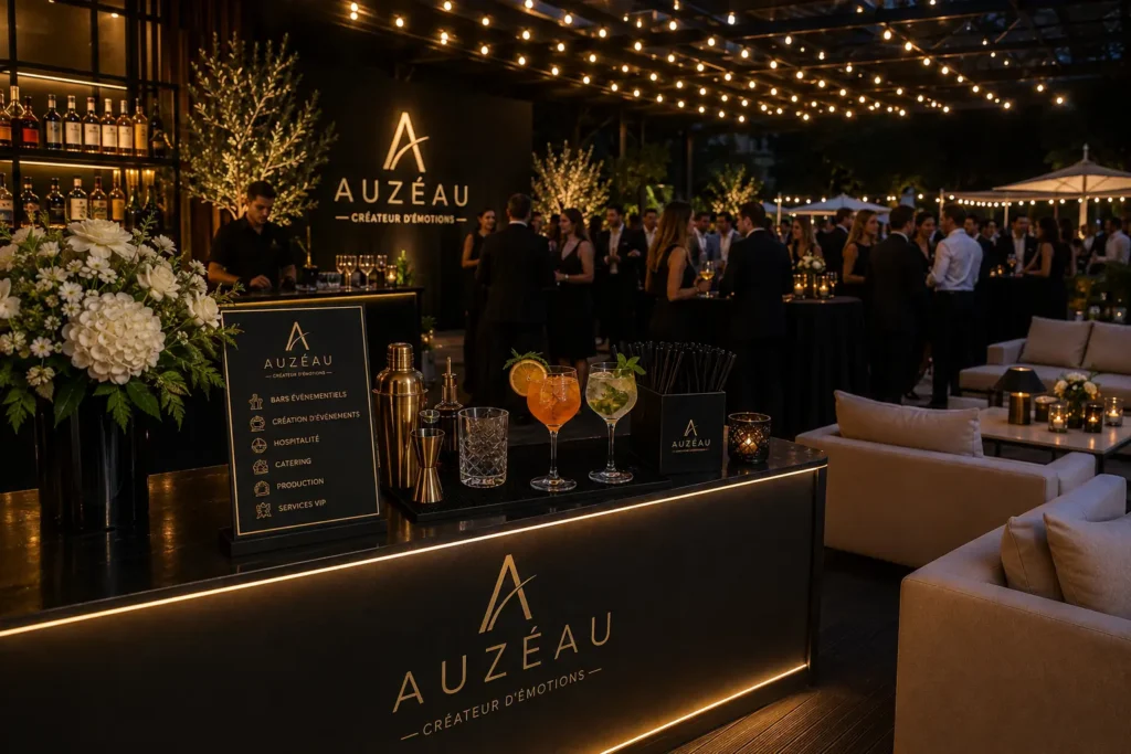 Bar à cocktails et espace lounge sous des guirlandes lumineuses.