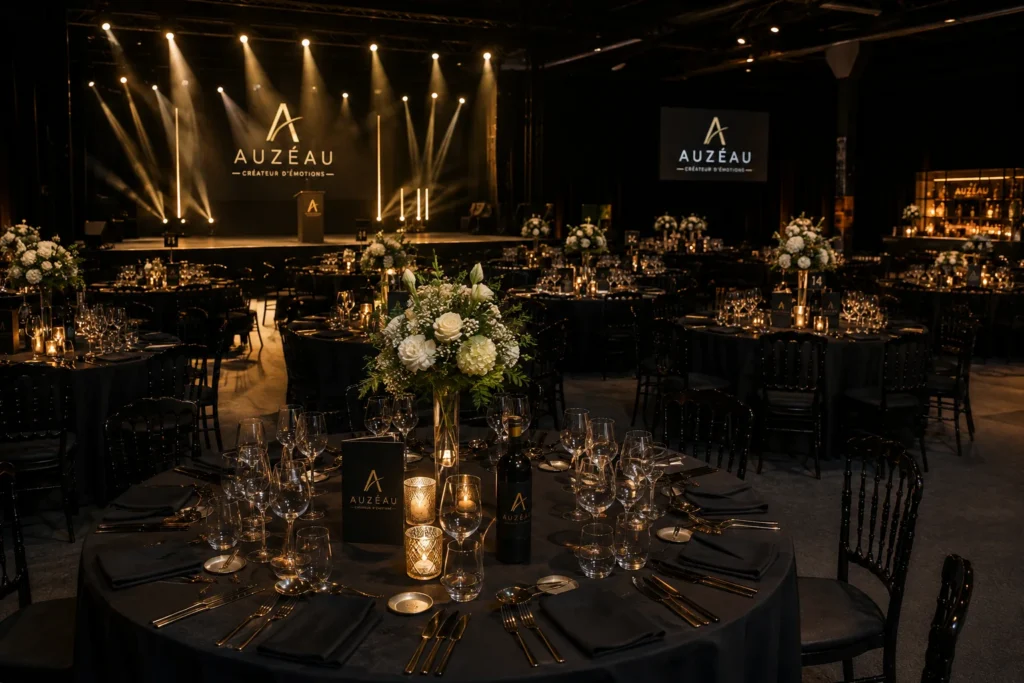 Tables de gala dressées avec fleurs blanches devant une scène éclairée en or.
