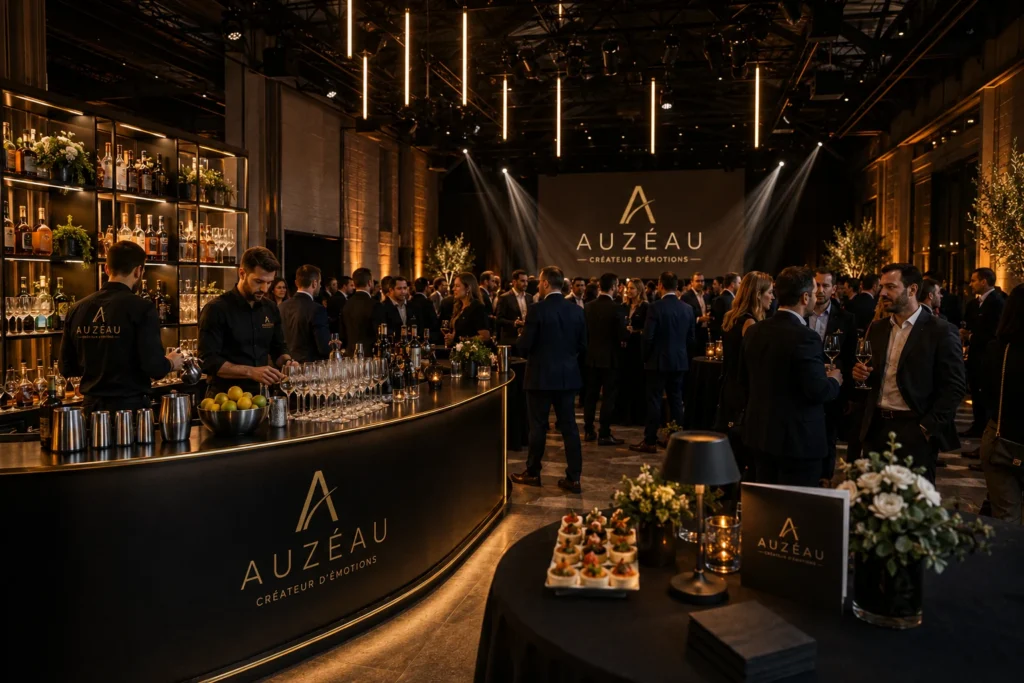 Réception d’entreprise avec des invités réunis autour d’un bar