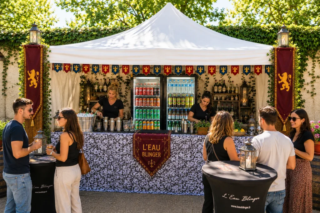 Invités devant un bar extérieur décoré de bannières médiévales.